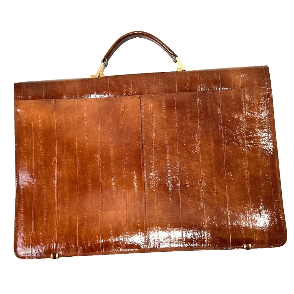 Vintage 80s Genuine Eel Skin Briefcase Brown Attache Bag Amiet Lock Korea VGUC